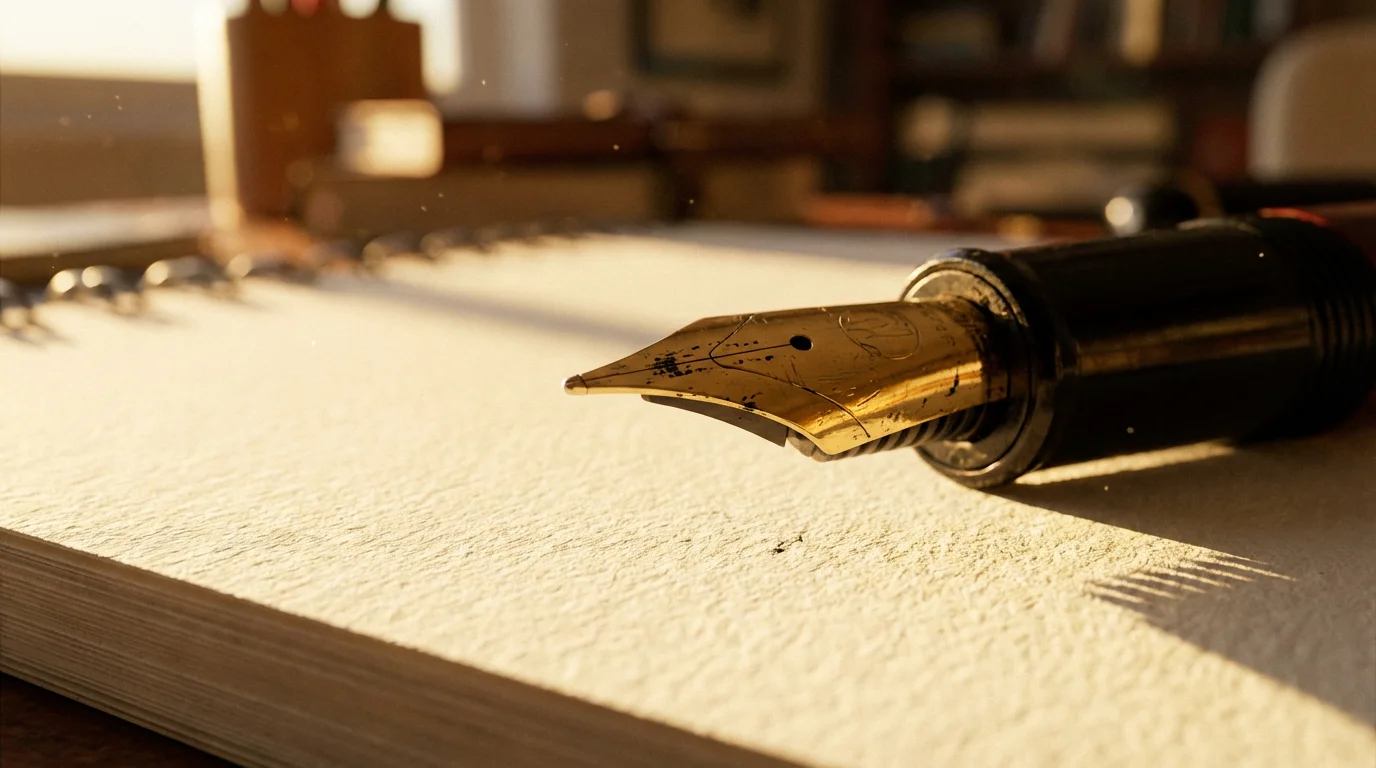Macro photography of a fountain pen nib on textured paper in golden sunlight.