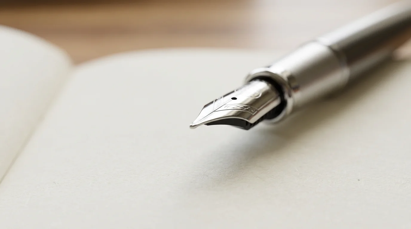Macro photography of a fountain pen nib on blank paper symbolizing focus and time management.