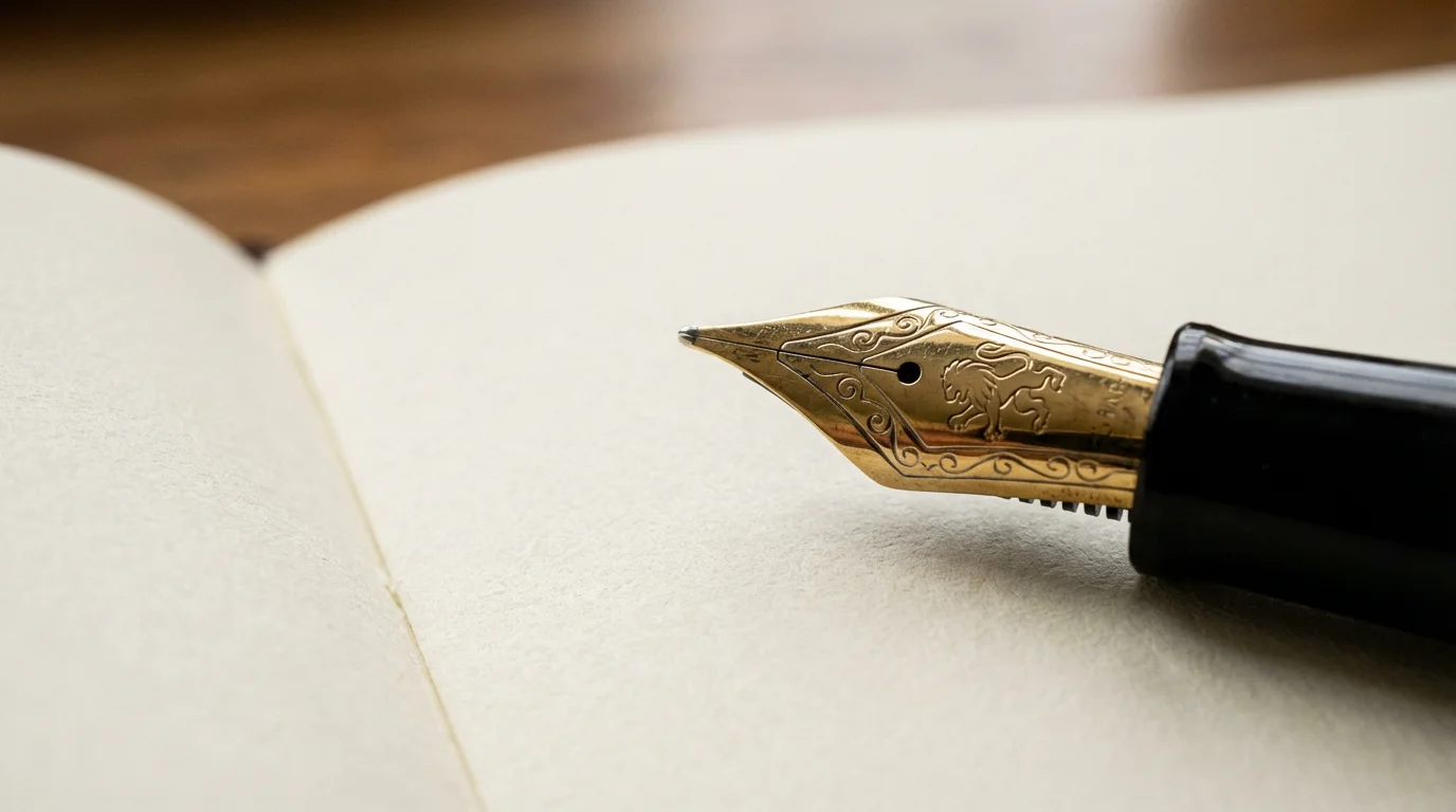 Macro photography of a fountain pen nib resting on a blank notebook page.