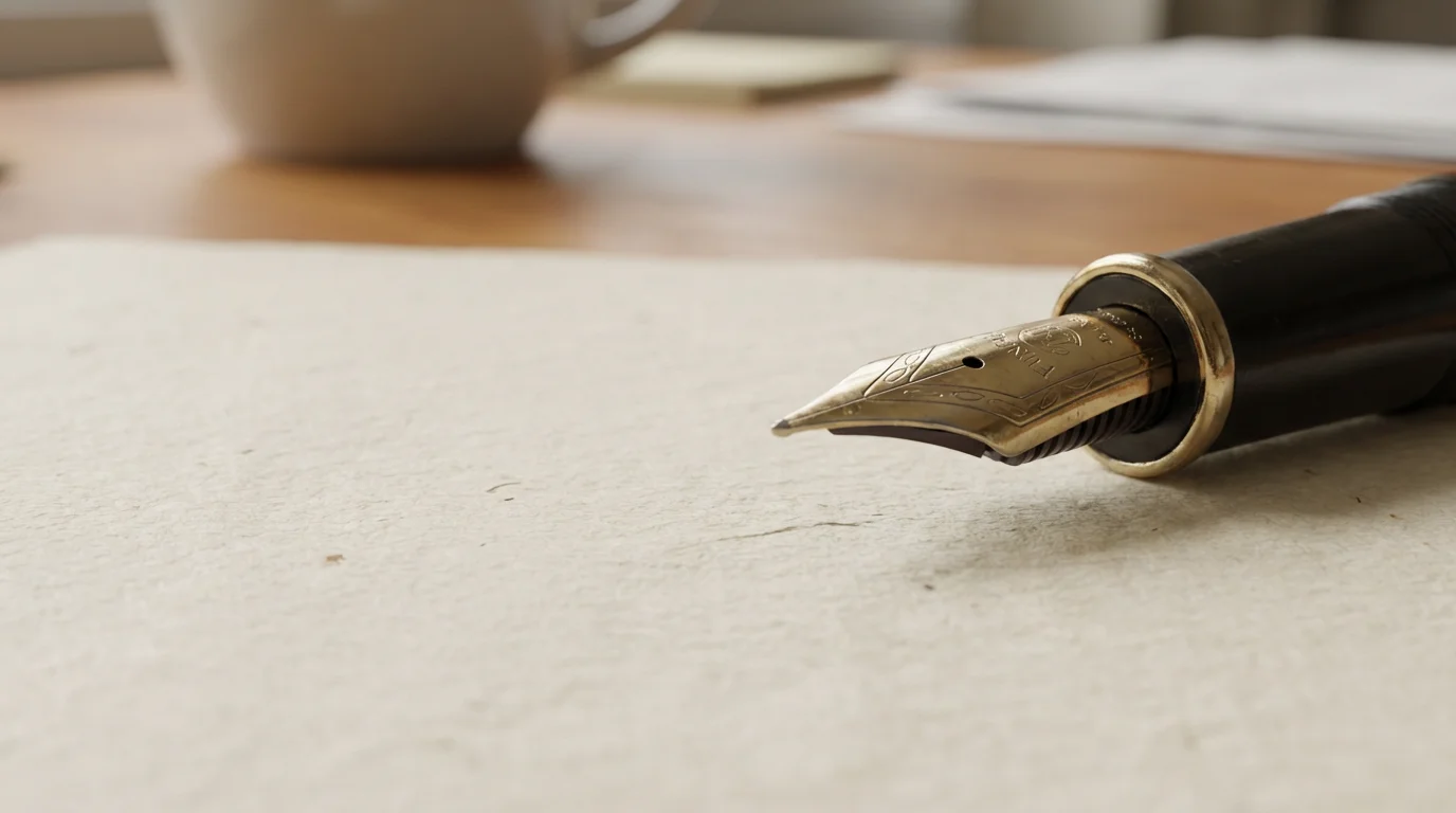 Macro photography of a gold pen nib on blank paper representing flexible time management.