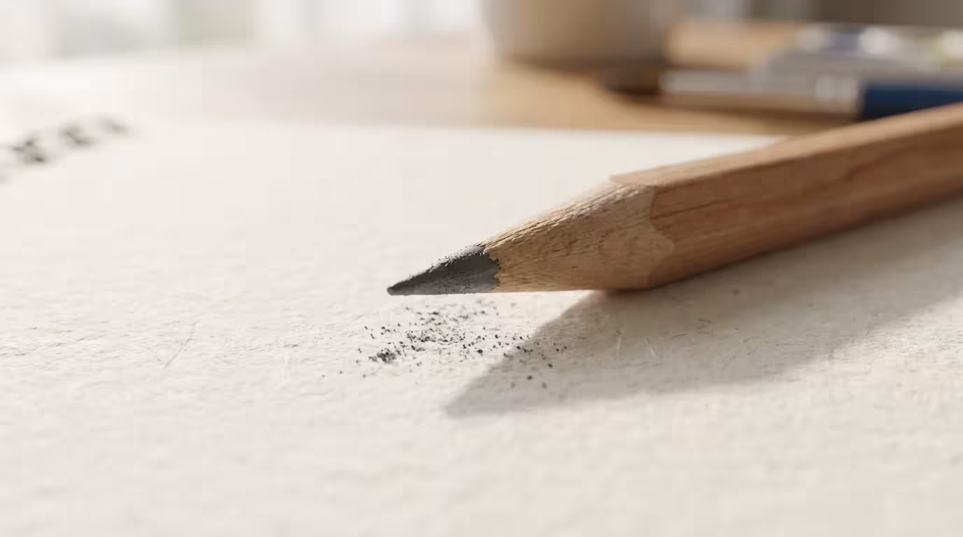 Macro photography of a graphite pencil tip on textured sketchbook paper with natural lighting.