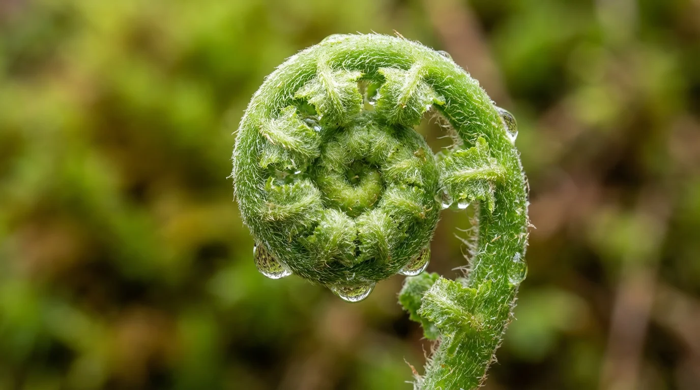 Macro photography of a green fern spiral unfurling with dew drops symbolizing growth.
