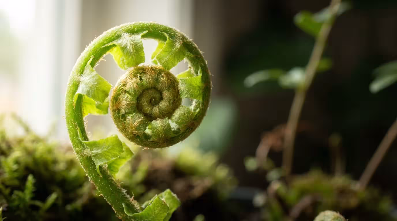 Macro photography of a green fern spiral unfurling representing continuous growth.