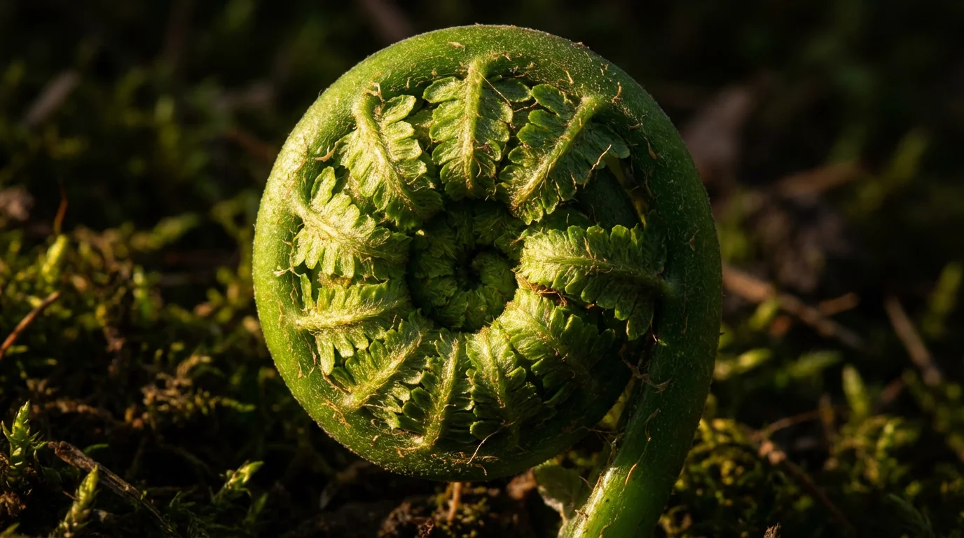 Macro photography of a green fern spiral unfurling in dramatic afternoon light.