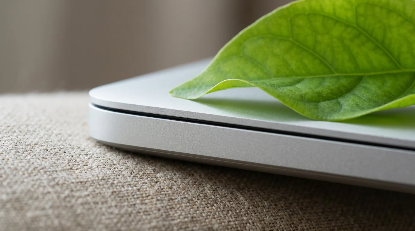 Macro photography of a green leaf touching a silver laptop edge symbolizing work-life integration.