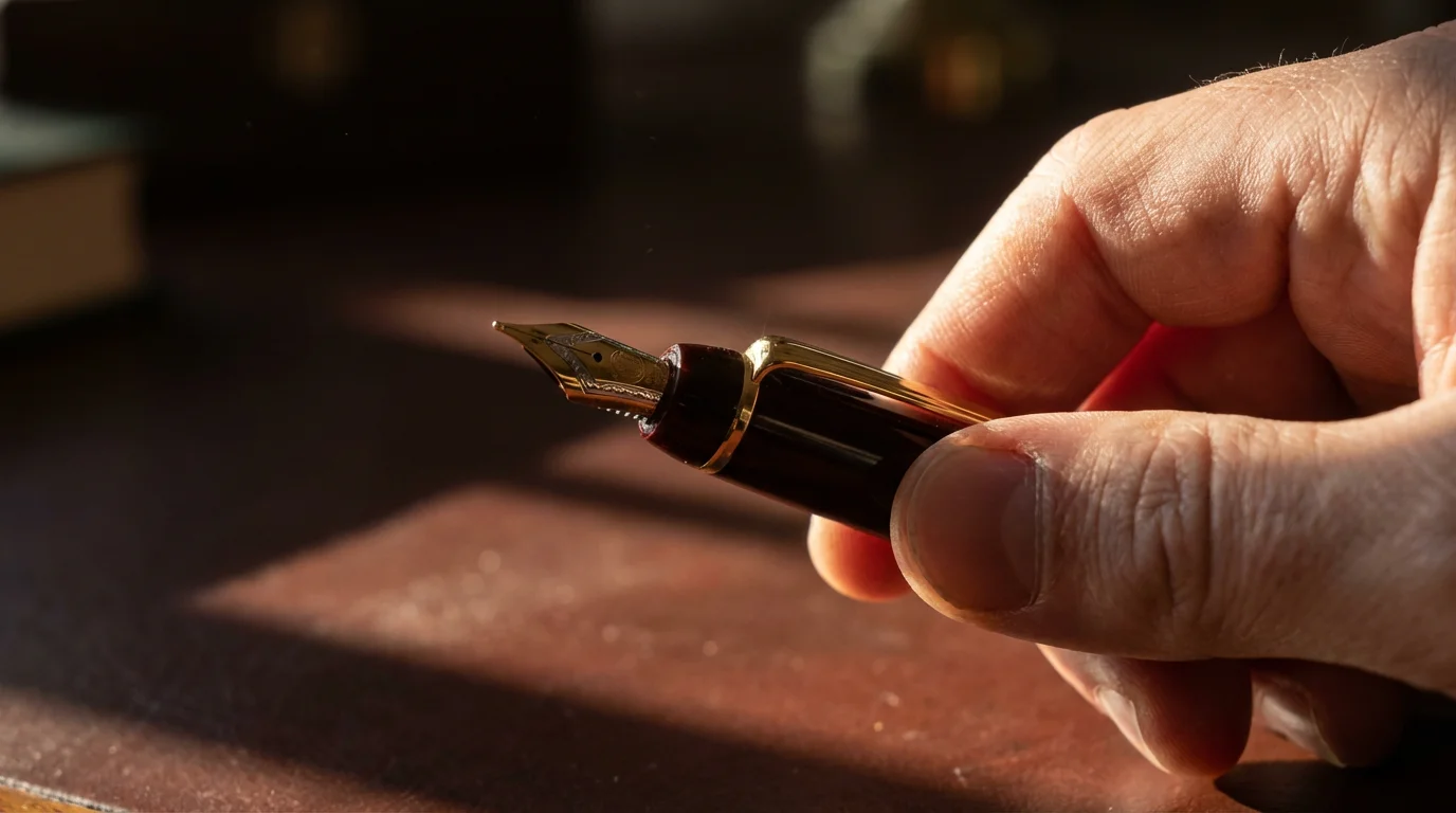 Macro photography of a hand capping a fountain pen on a dark wooden desk.