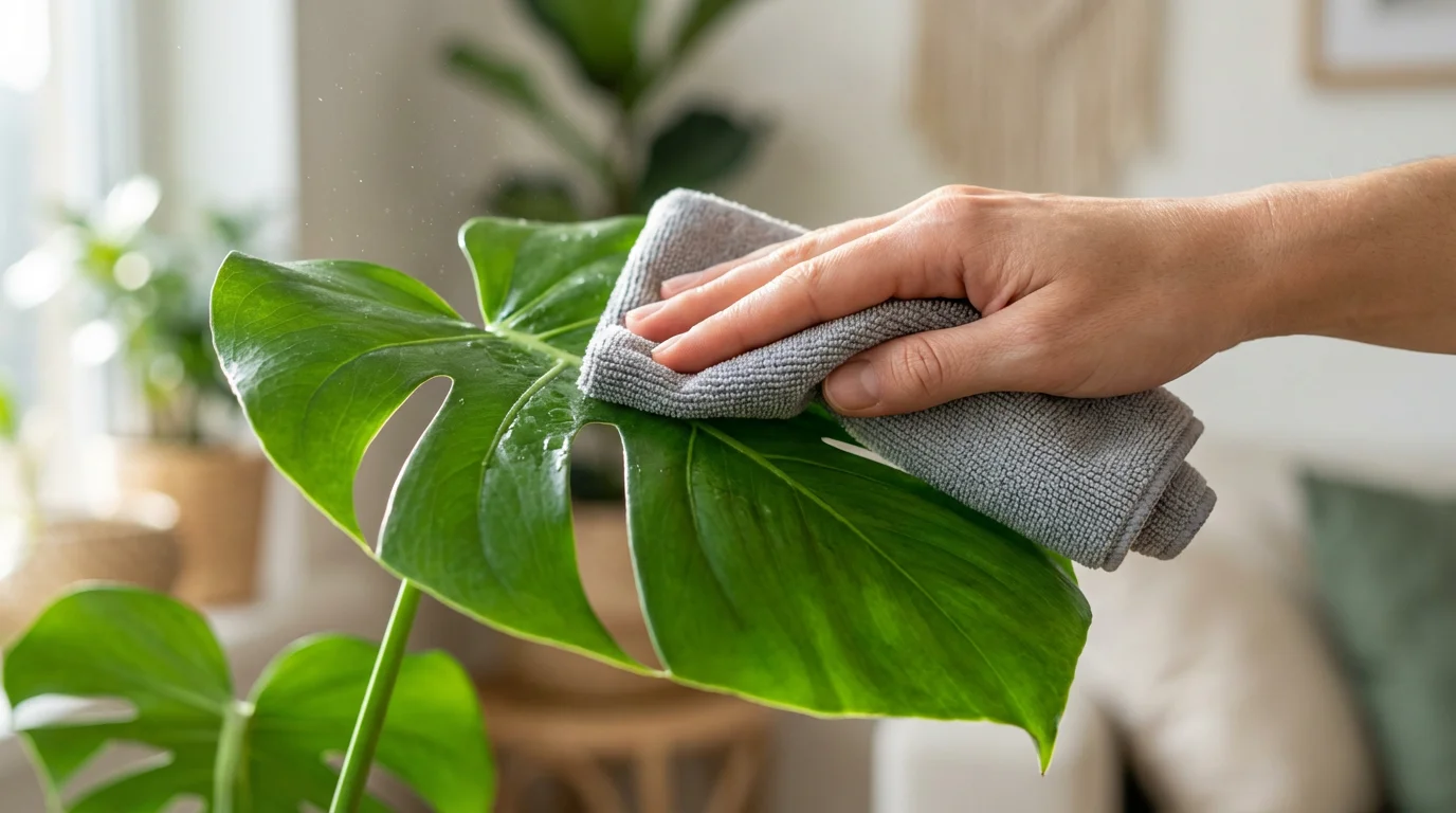 Macro photography of a hand dusting a green houseplant leaf with a cloth.