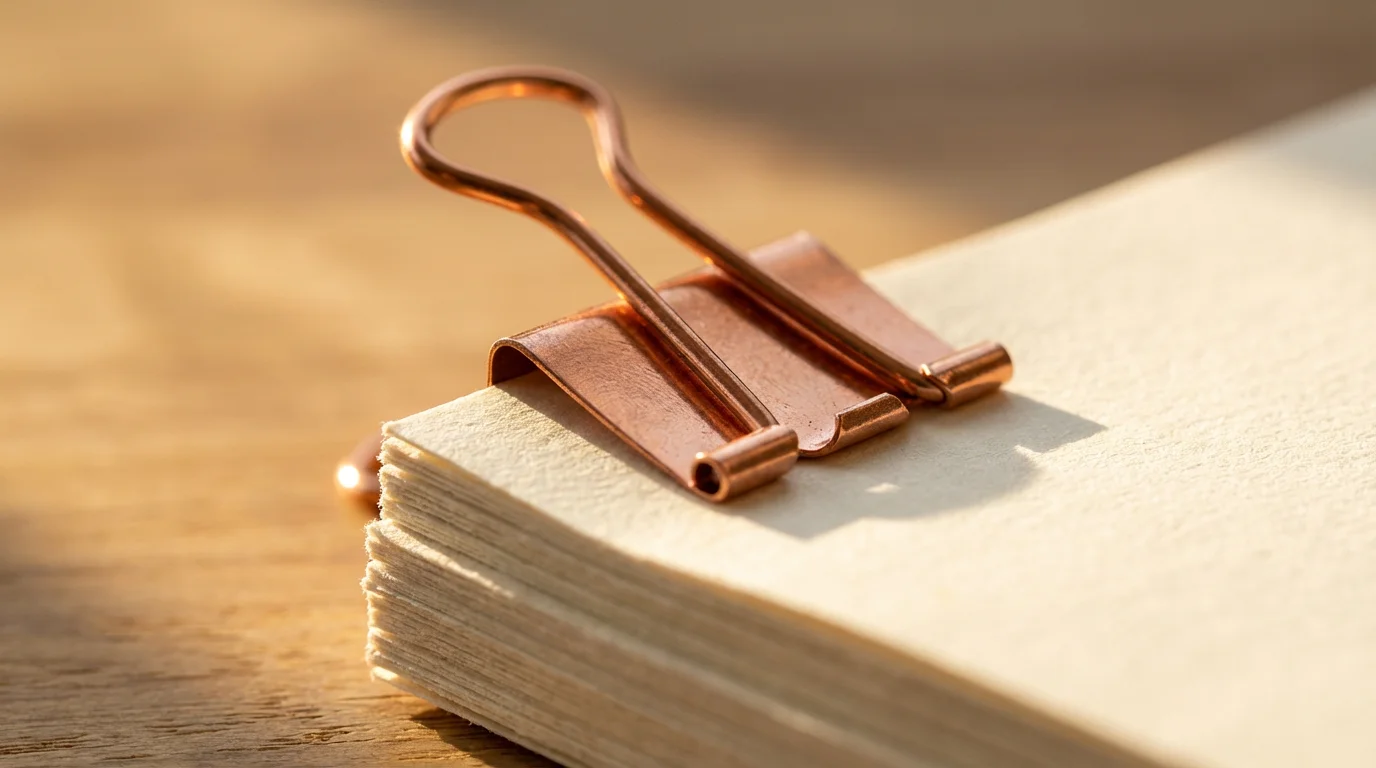 Macro photography of a metal binder clip holding a stack of papers in warm sunlight.