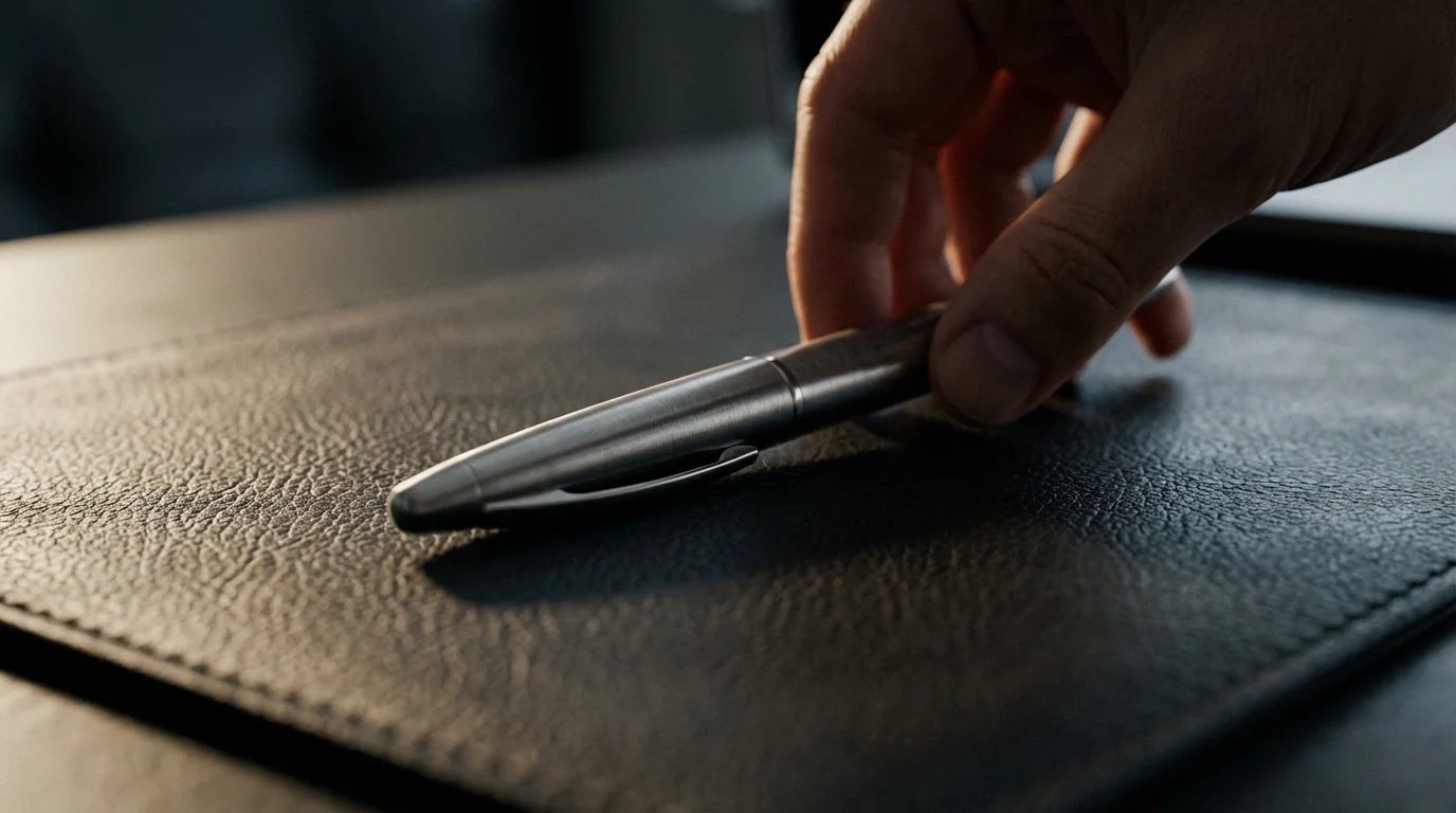 Macro photography of a metal pen being placed on dark leather in dramatic afternoon lighting.