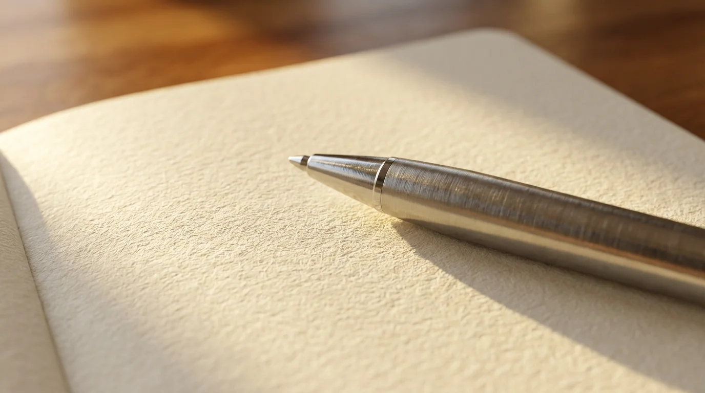 Macro photography of a metal pen resting on a textured blank notebook page in sunlight.