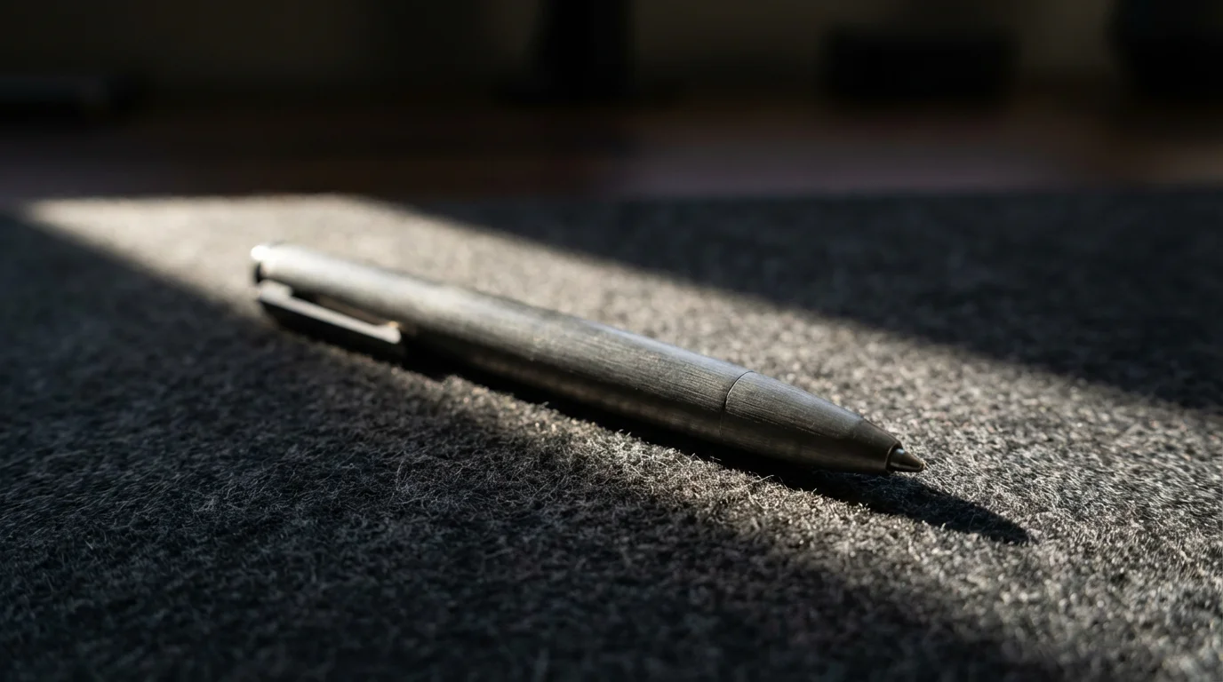 Macro photography of a minimalist metal pen on a dark felt desk mat in dramatic sunlight.