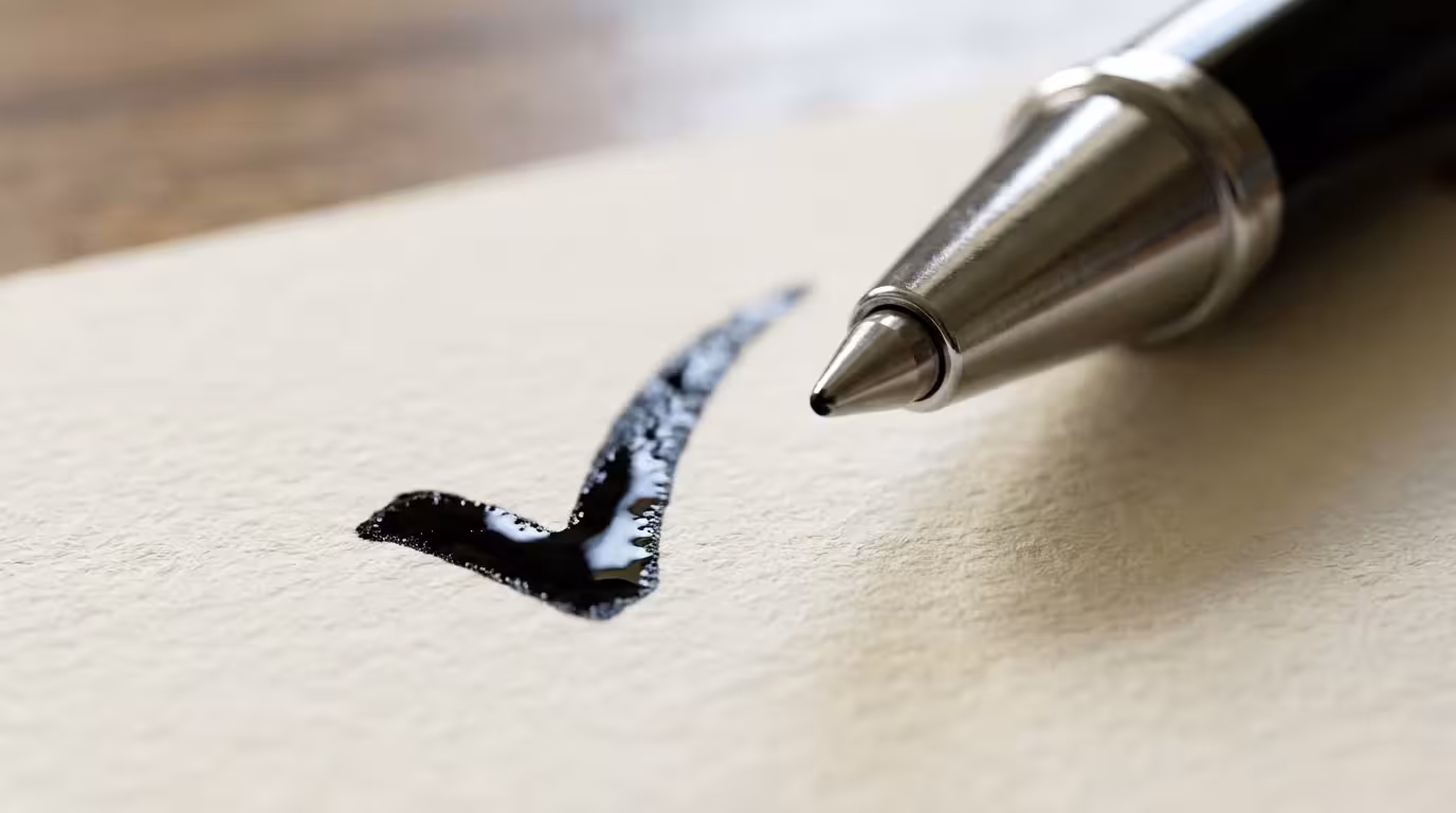 Macro photography of a pen tip next to a handwritten checkmark on paper.