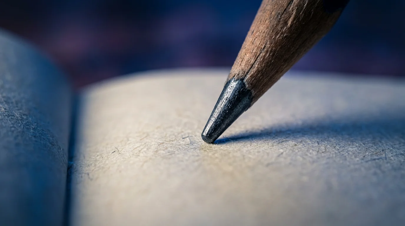 Macro photography of a pencil tip on textured paper in cool evening light.