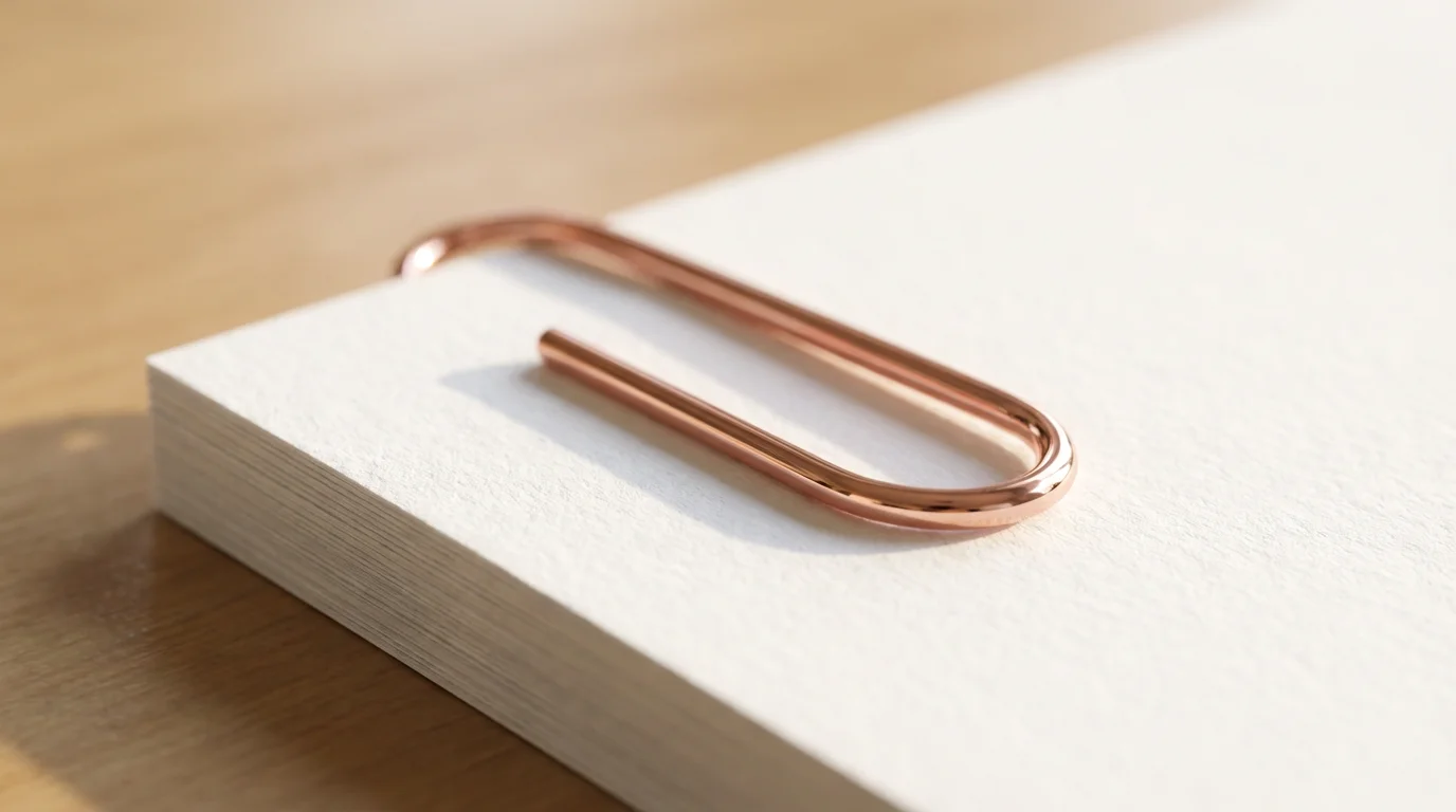 Macro photography of a rose-gold paperclip organizing papers in soft morning sunlight.