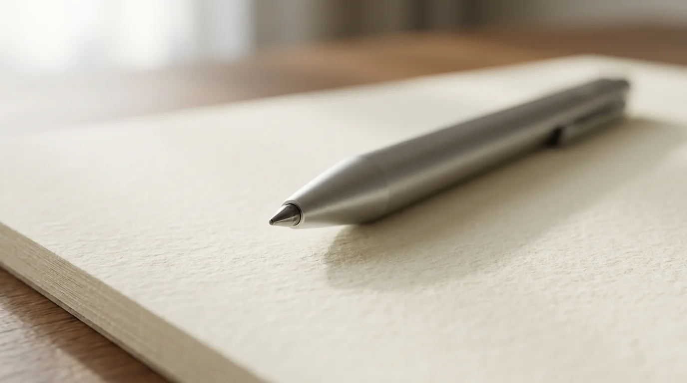 Macro photography of a sleek pen on a blank notepad symbolizing organization and clarity