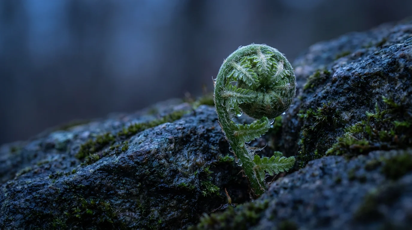 Macro photography of a small fern sprout growing between rocks during blue hour twilight.