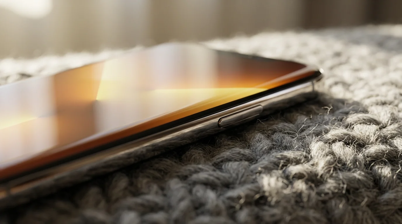 Macro photography of a smartphone on a wool blanket with a glowing screen indicating a priority alert.