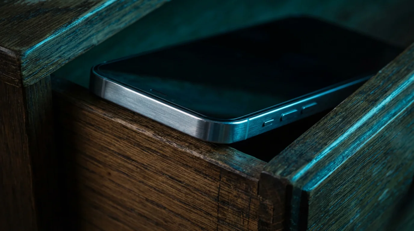 Macro photography of a smartphone stored inside a wooden drawer during blue hour evening.