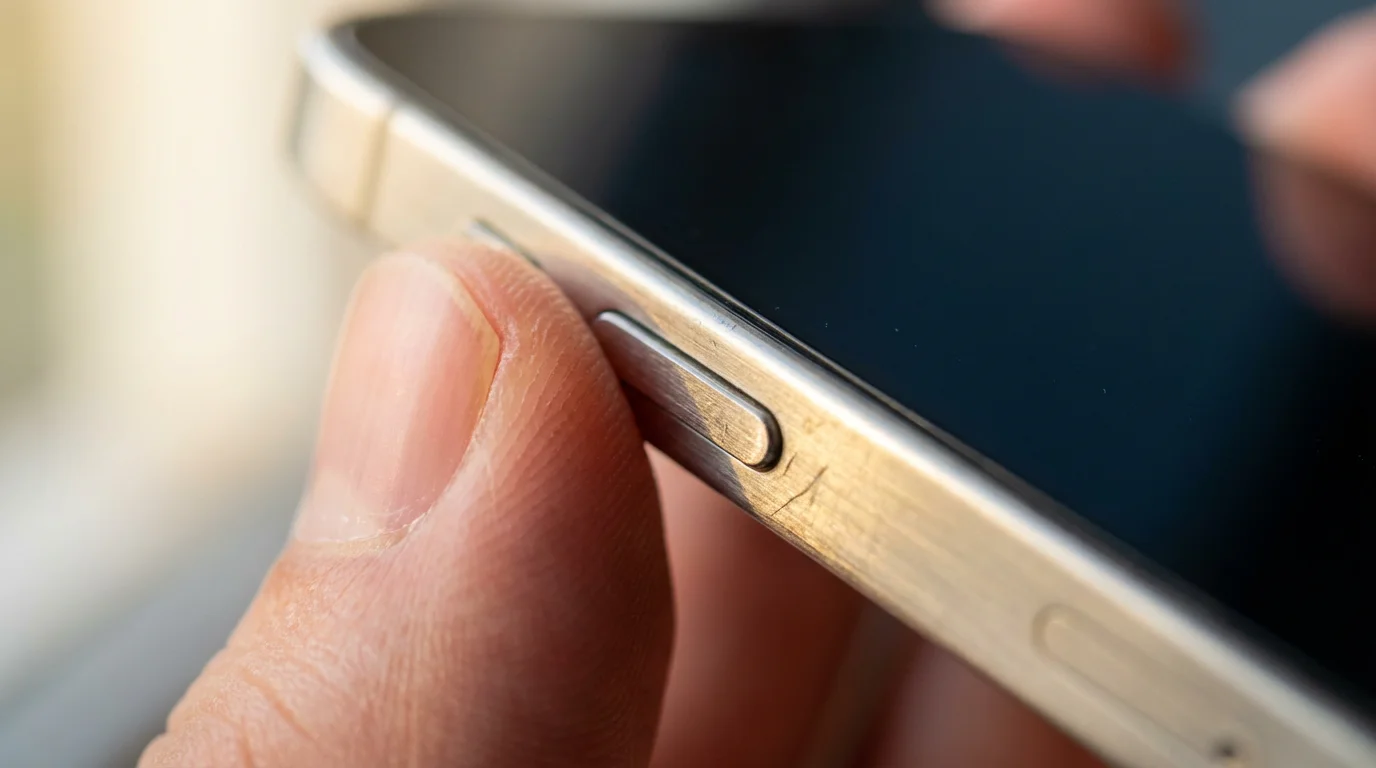 Macro photography of a thumb pressing the side button of a smartphone to silence notifications.