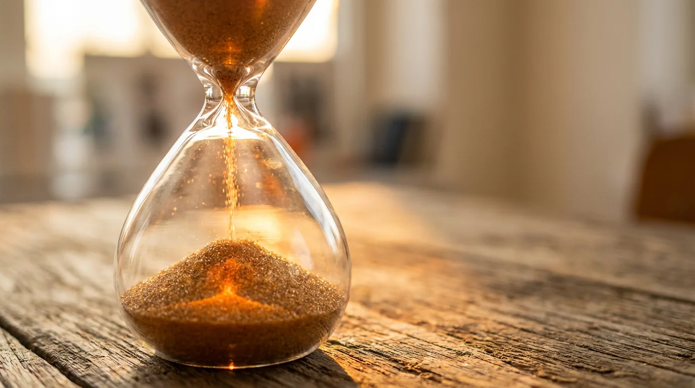 Macro photography of an hourglass with sand falling illuminated by warm golden sunlight.