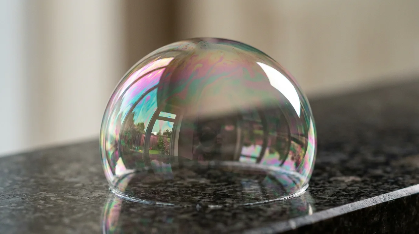 Macro photography of an iridescent soap bubble reflecting a distorted window on a dark surface