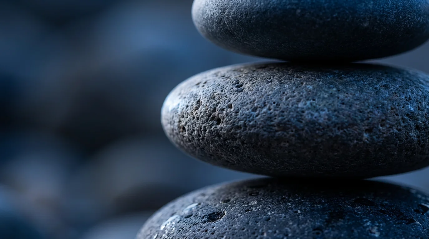 Macro photography of balanced river stones in cool blue evening lighting symbolizing stability.