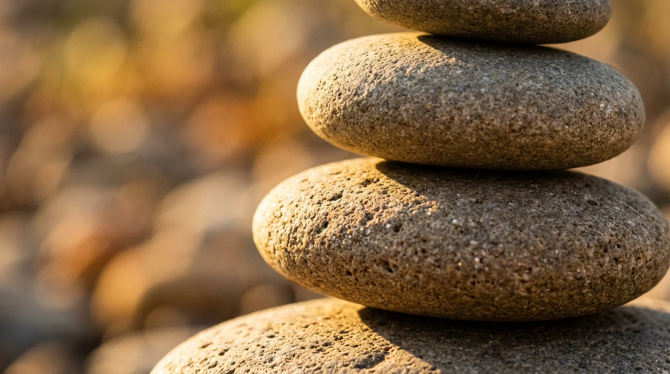Macro photography of balanced river stones illuminated by warm golden hour sunlight.