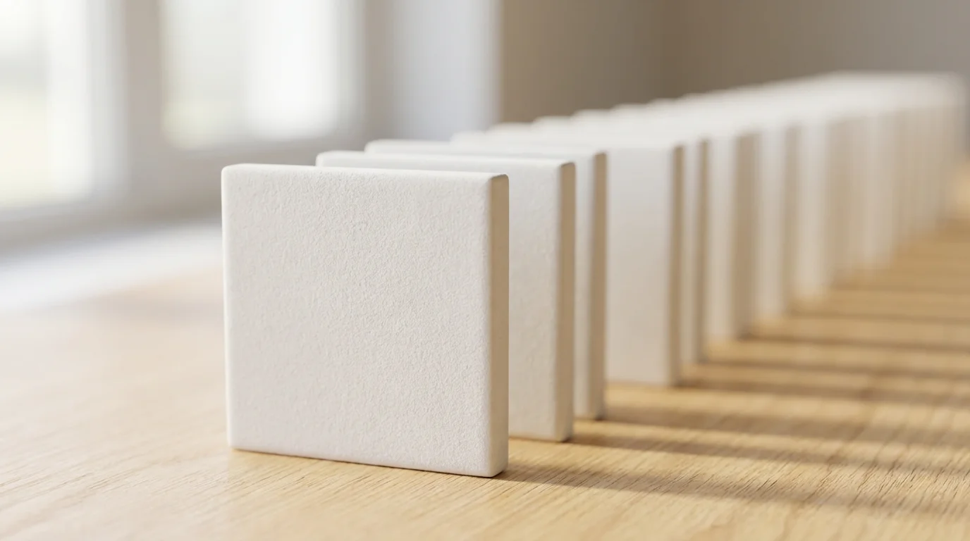 Macro photography of blank white rectangular tiles lined up perfectly on a wooden desk.