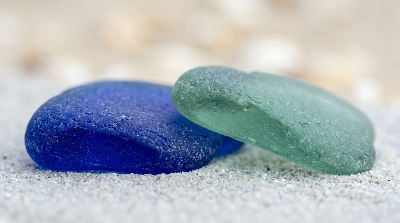 Macro photography of blue and green sea glass pieces touching on fine sand.