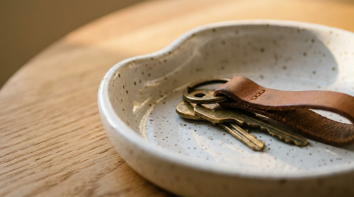 Macro photography of brass keys resting in a ceramic dish on a wooden table.