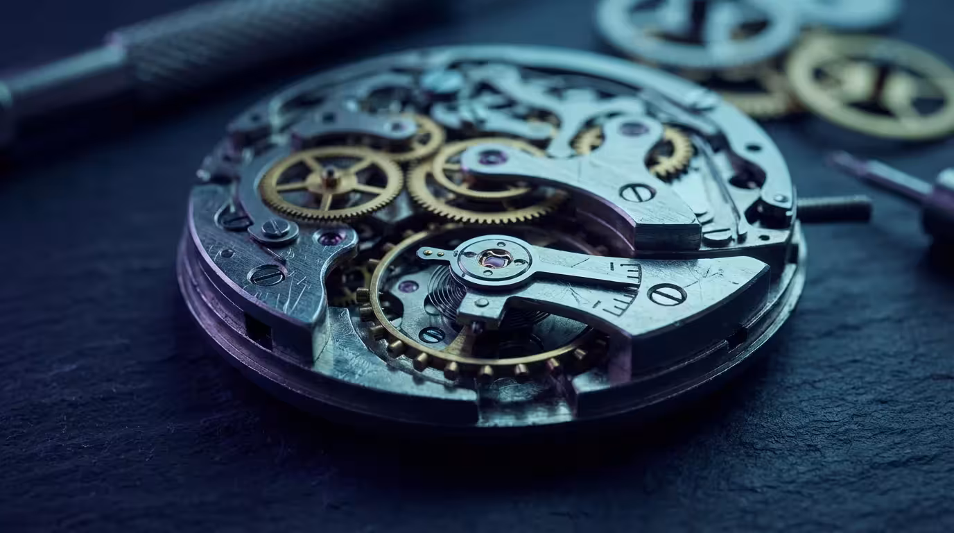 Macro photography of disassembled mechanical watch gears illuminated by cool blue evening light.