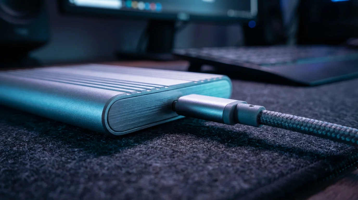Macro photography of external hard drive and braided cable in cool evening light.