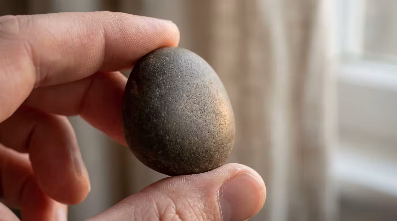 Macro photography of fingers holding a smooth stone to represent mindfulness and grounding.