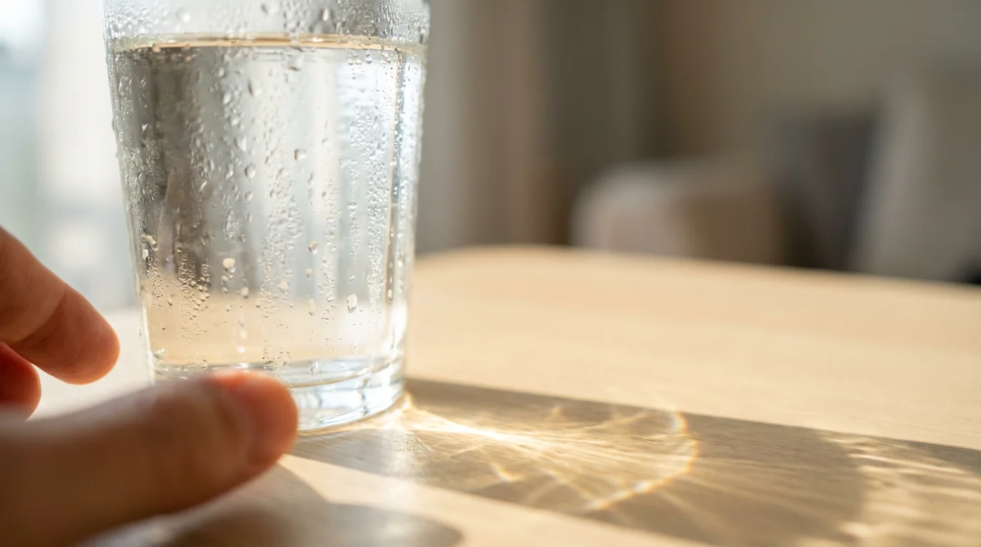 Macro photography of glass of water in sunlight representing habit cues and environmental design