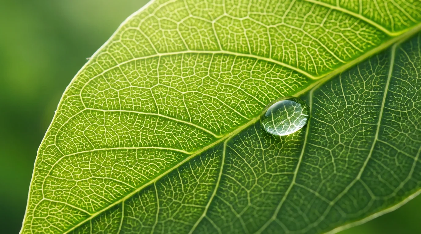 Macro photography of green leaf veins resembling brain neural networks backlit by morning sun