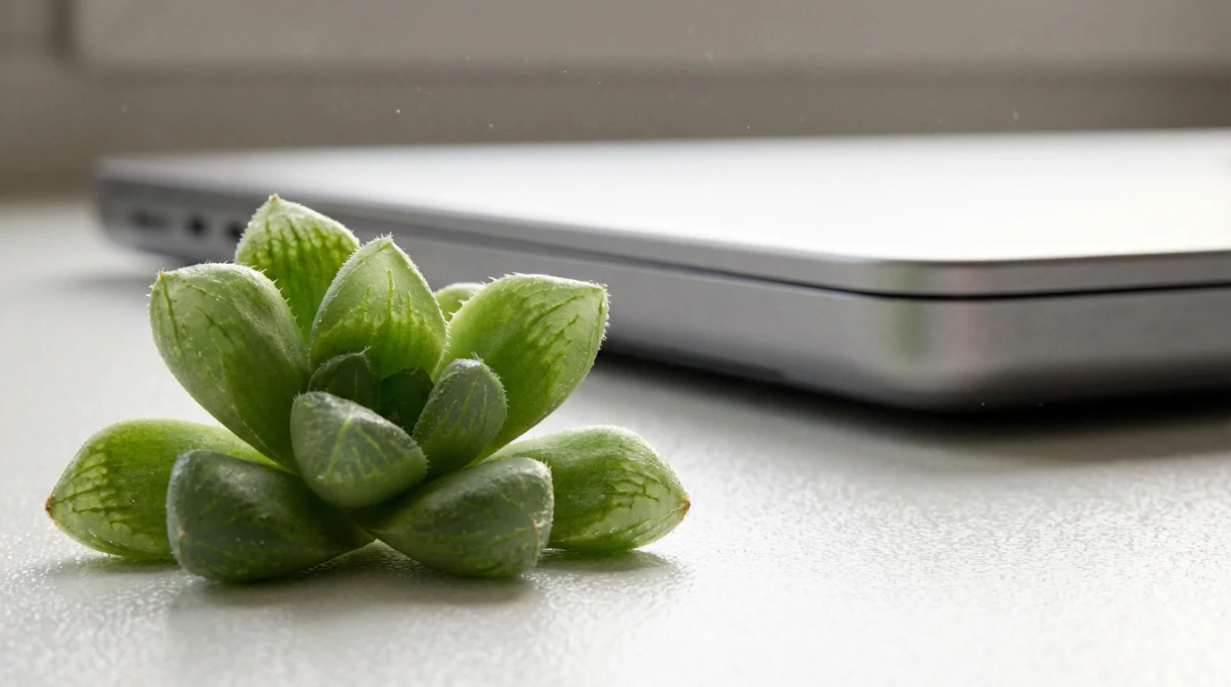 Macro photography of green succulent leaves next to a closed laptop edge in natural light