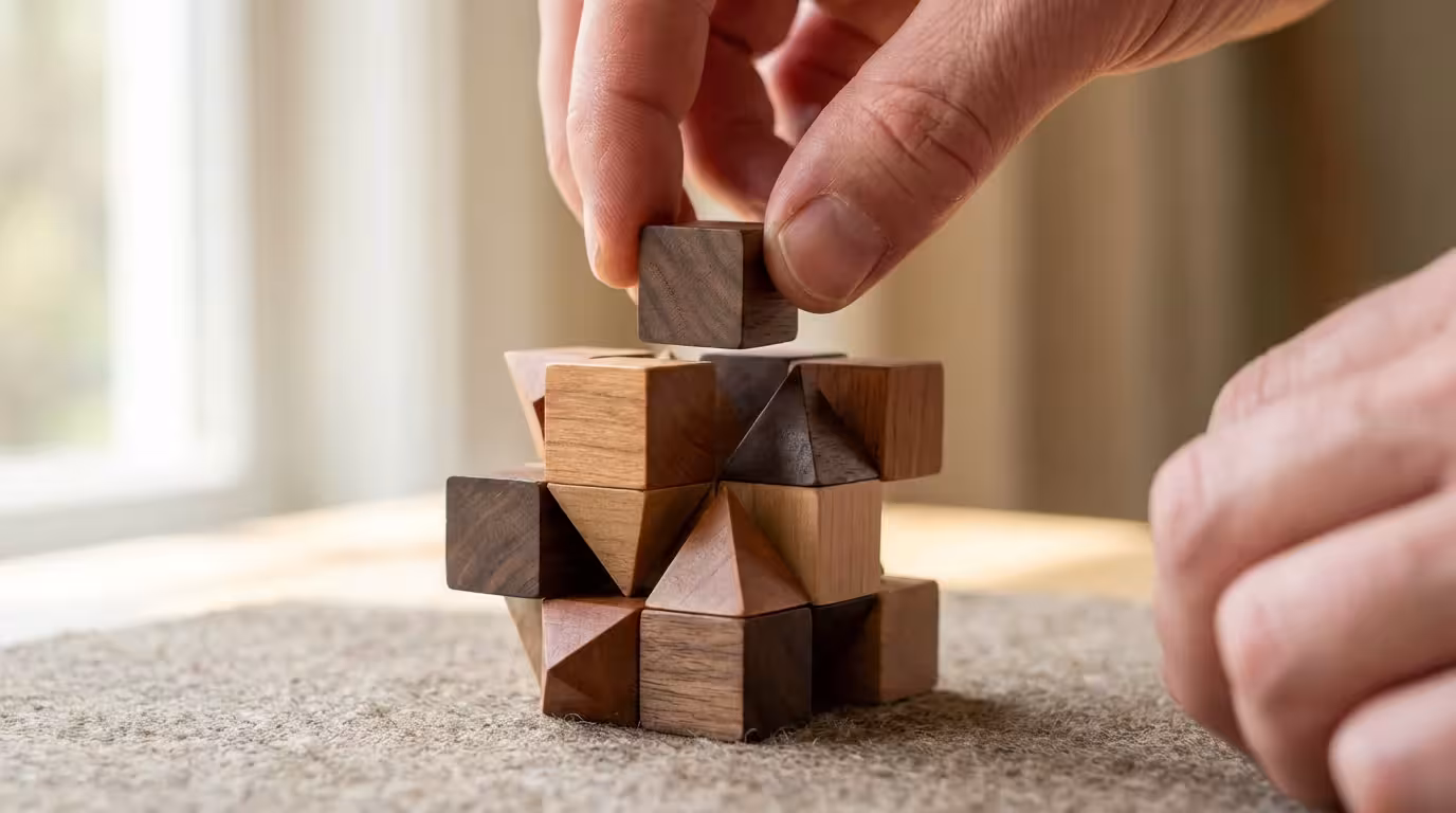 Macro photography of hands arranging wooden blocks representing structure and planning.