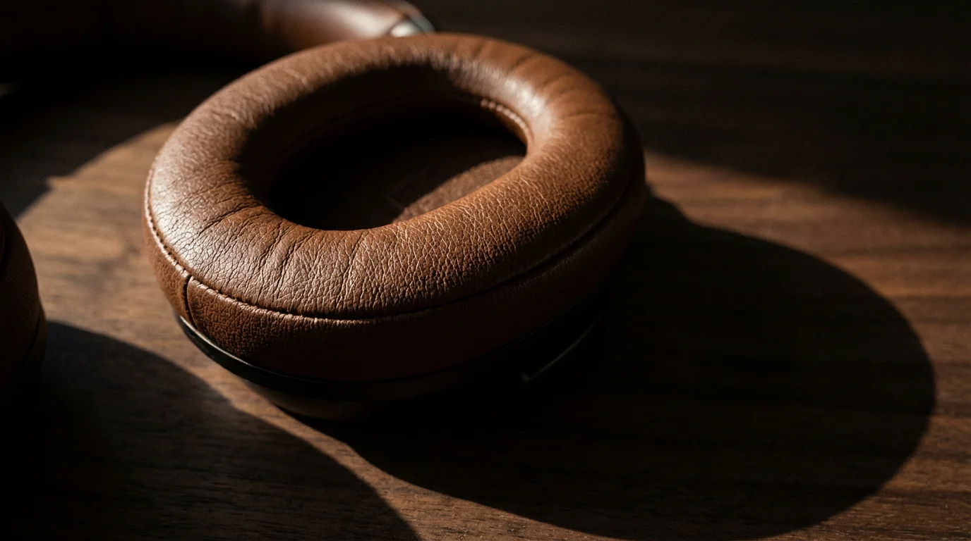 Macro photography of headphones on a dark wooden desk with dramatic shadows.