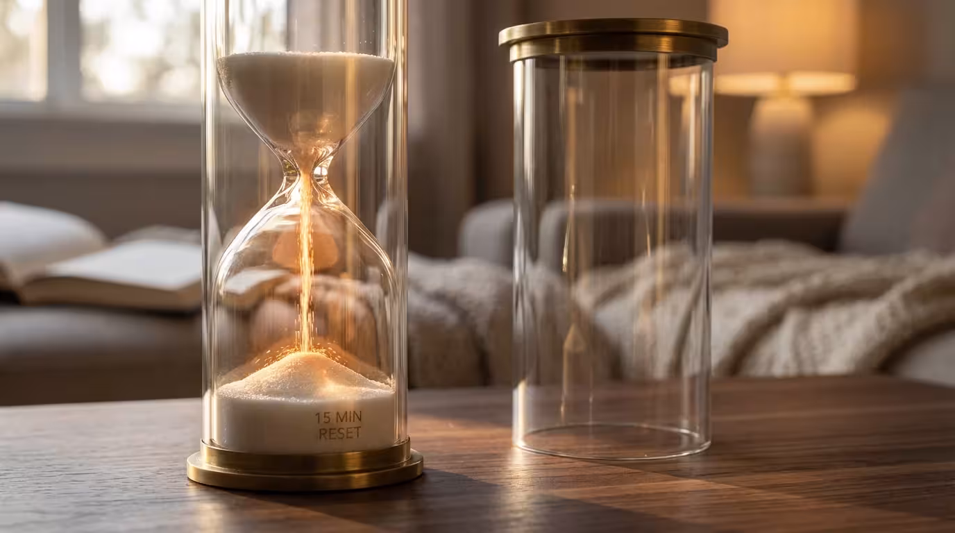 Macro photography of hourglass with falling sand illuminated by warm golden hour sunlight
