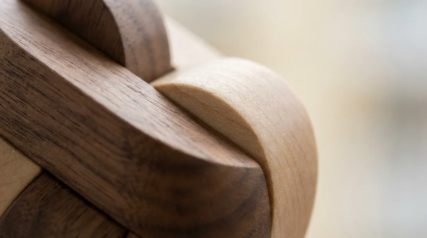 Macro photography of interlocking wooden puzzle pieces representing mental agility and focus.