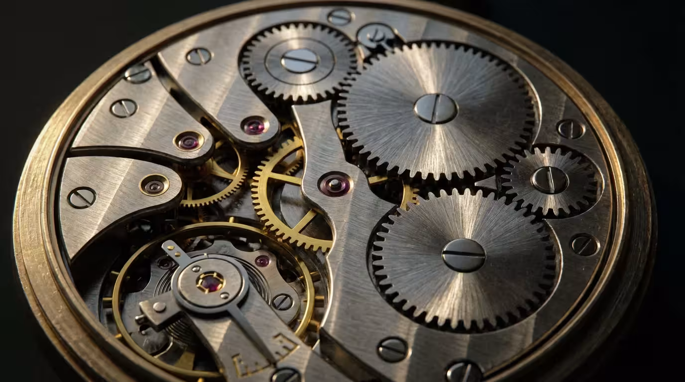 Macro photography of intricate mechanical watch gears in moody lighting representing brain function.