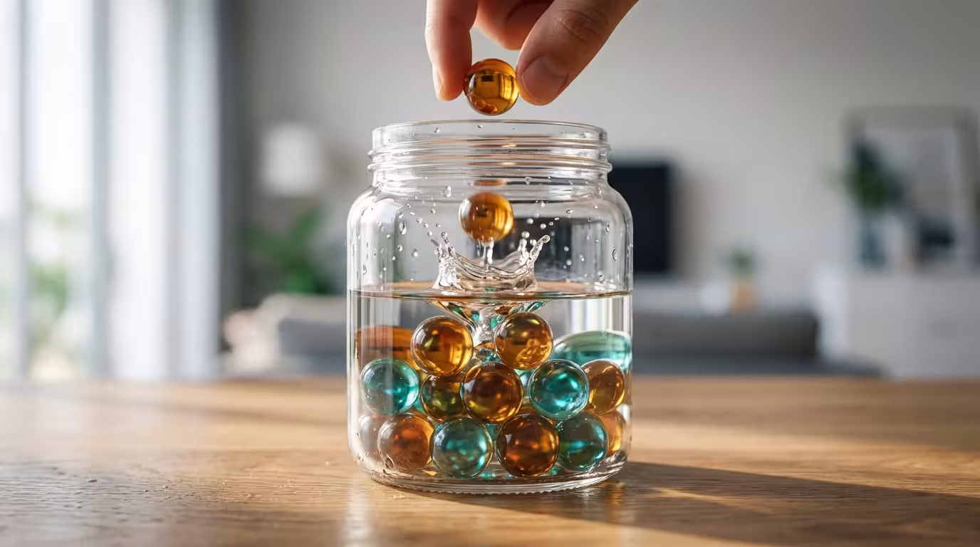 Macro photography of marbles accumulating in a glass jar symbolizing habit progress.