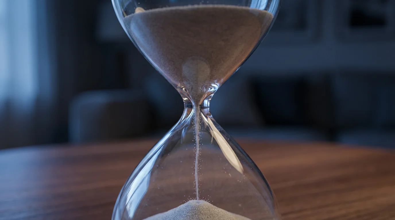 Macro photography of modern hourglass with sand falling on wooden table in blue evening light