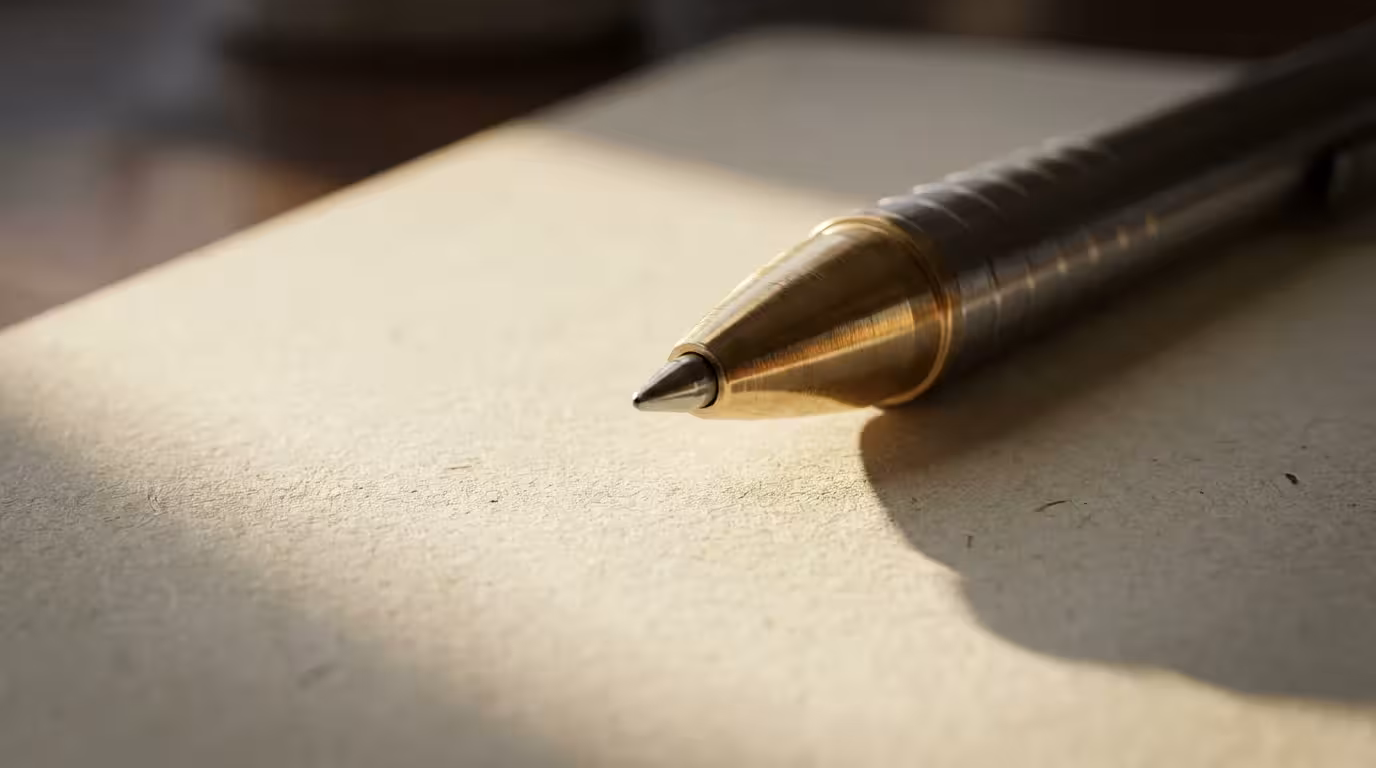 Macro photography of pen tip on paper notebook with dramatic afternoon shadows.