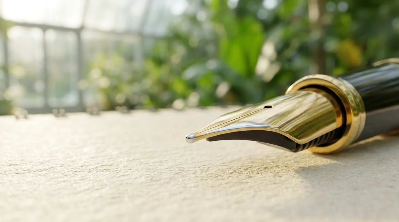 Macro photography of pen tip on paper with blurred green botanical background.
