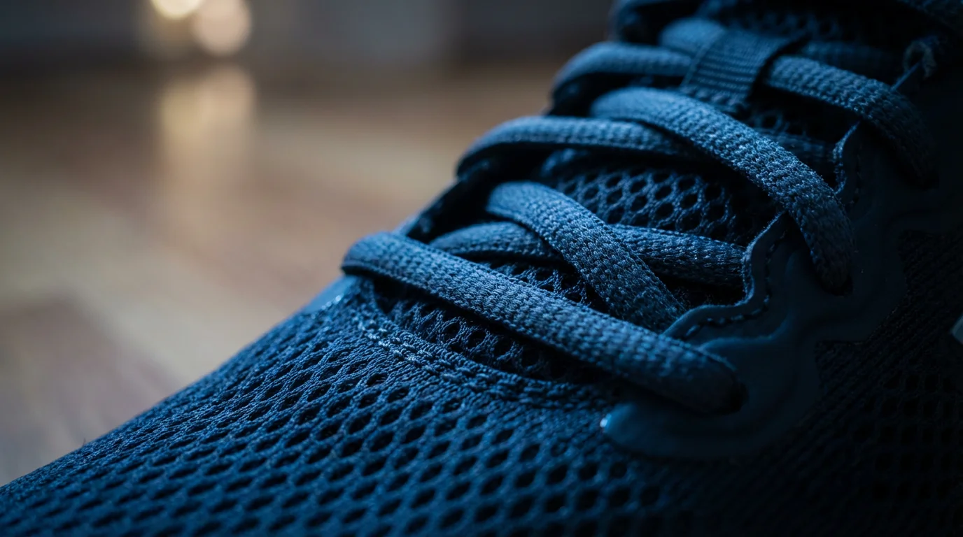 Macro photography of running shoe texture and laces lit by cool blue evening light.