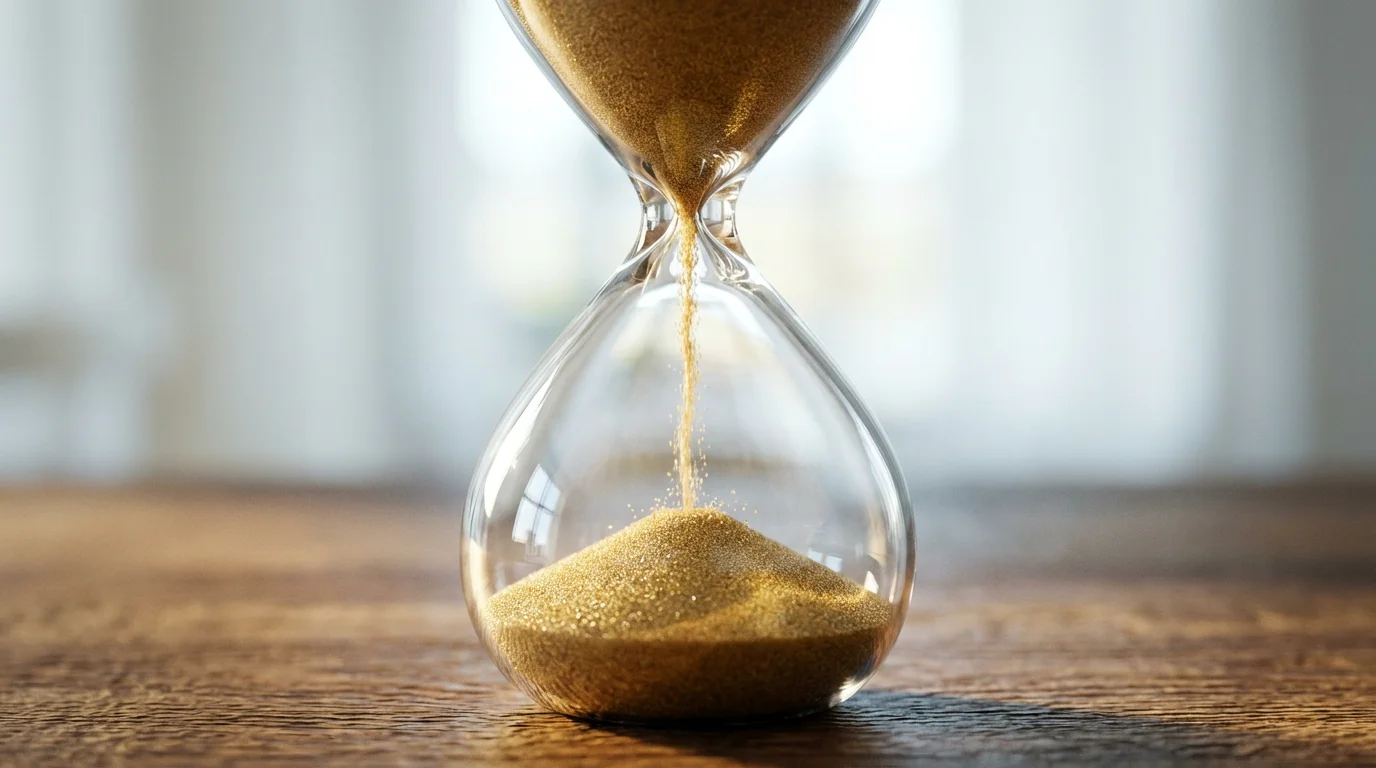 Macro photography of sand falling through a glass hourglass backlit by window light.