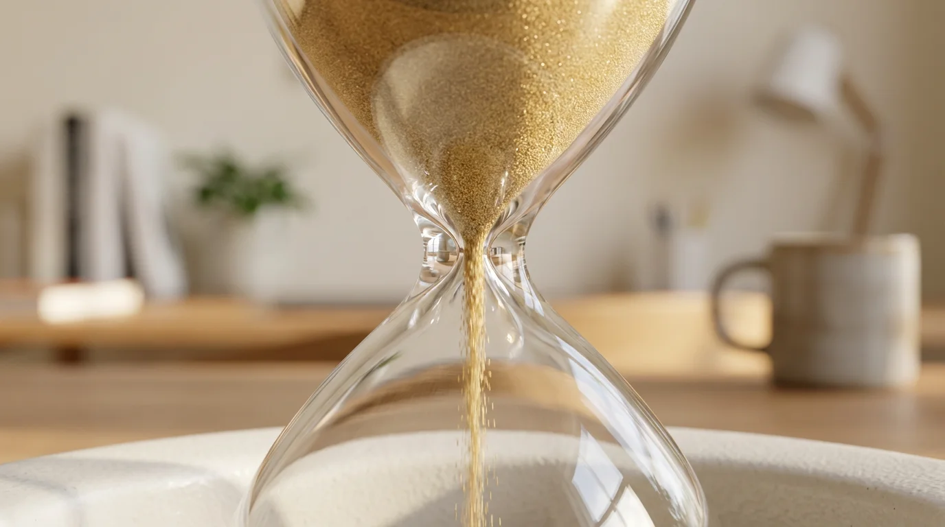 Macro photography of sand flowing through a modern glass hourglass in soft light.