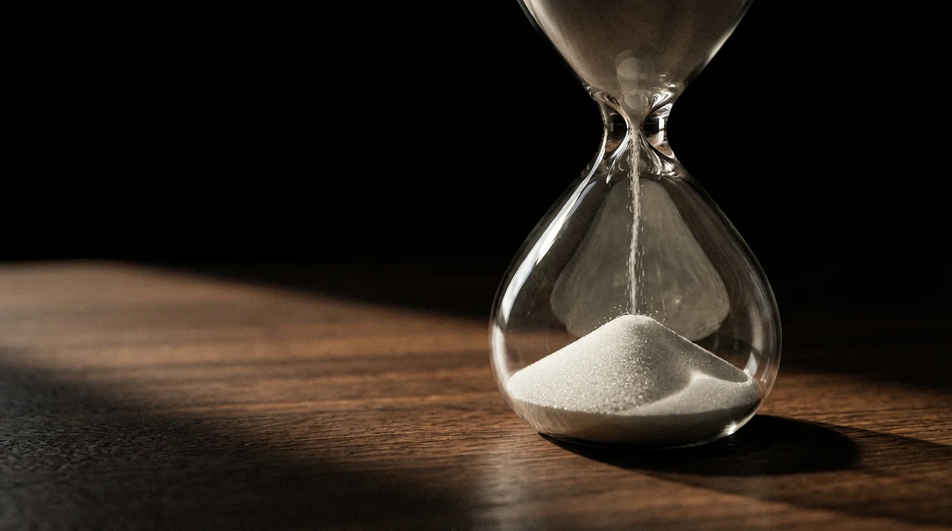 Macro photography of sand trickling through a glass hourglass in dramatic afternoon lighting.