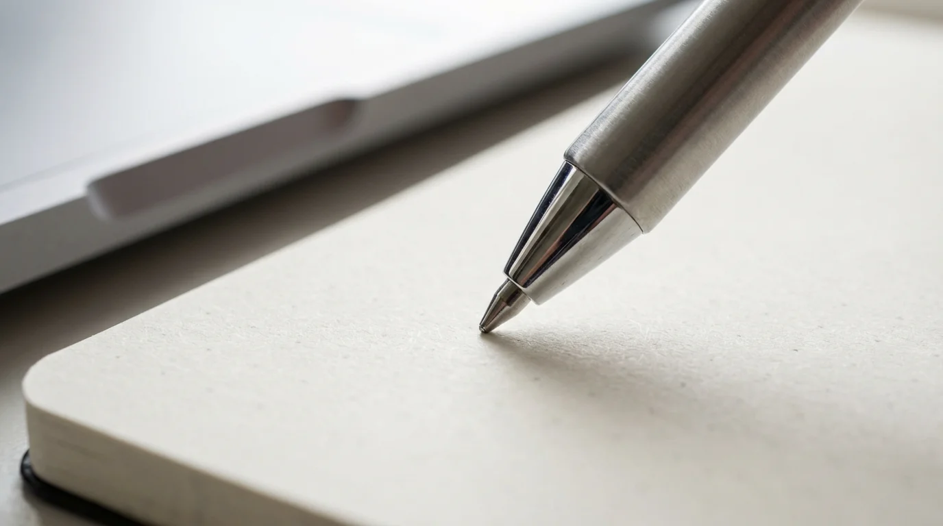Macro photography of silver stylus pen tip on blank dot-grid paper notebook.
